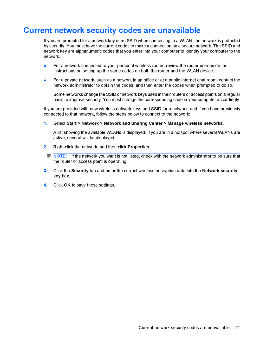 HP Device manual Current network security codes are unavailable 
