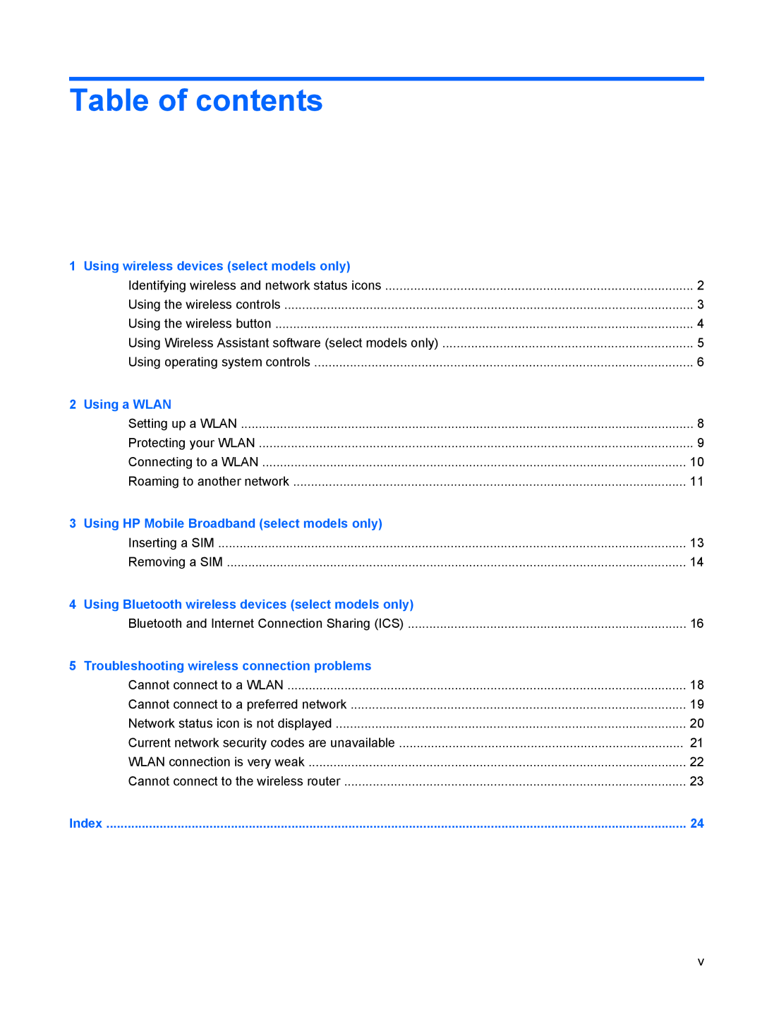 HP Device manual Table of contents 