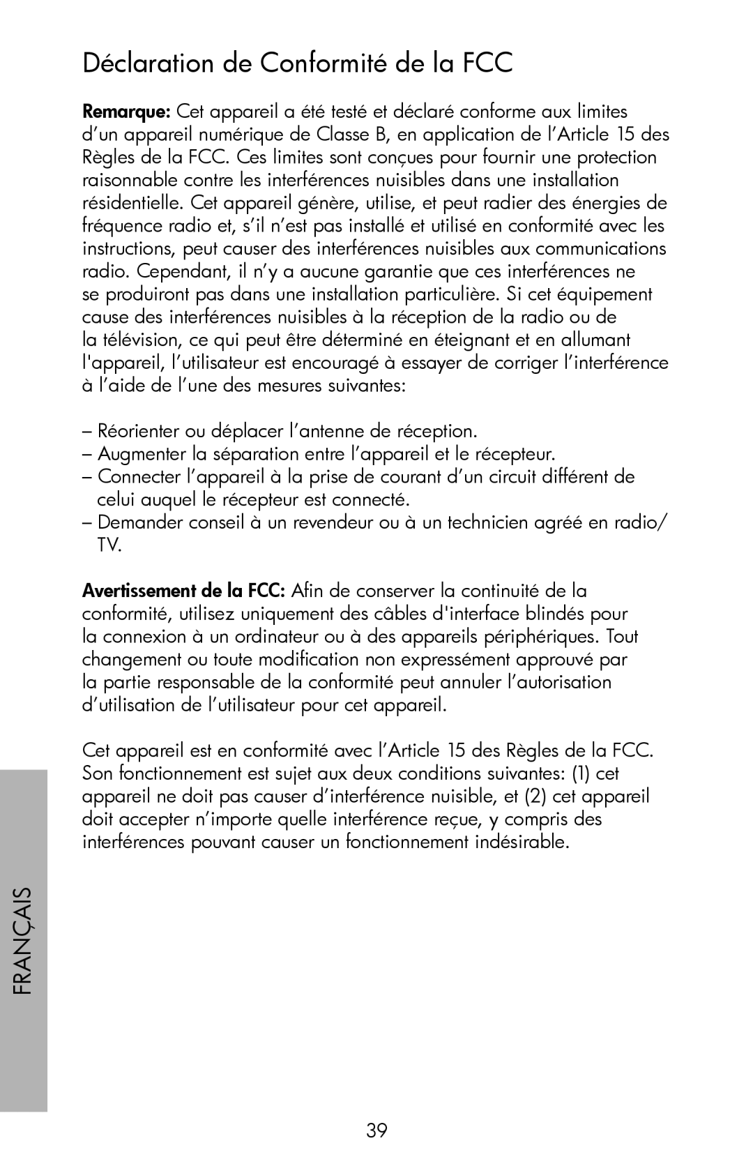 HP DF1000, DF720, DF780 manual Déclaration de Conformité de la FCC 