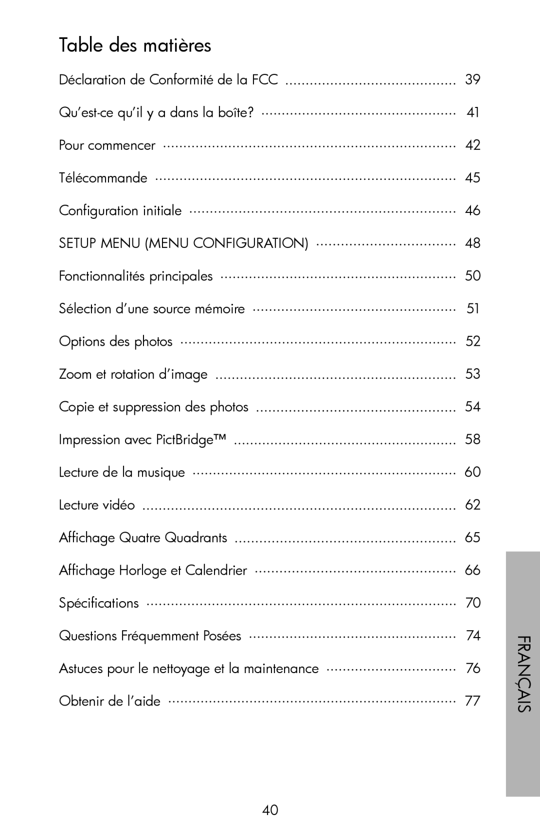 HP DF780, DF720, DF1000 manual Table des matières, Setup Menu Menu Configuration 