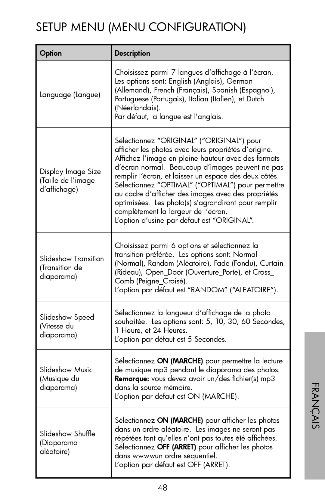 HP DF1000, DF720, DF780 manual Setup Menu Menu Configuration 