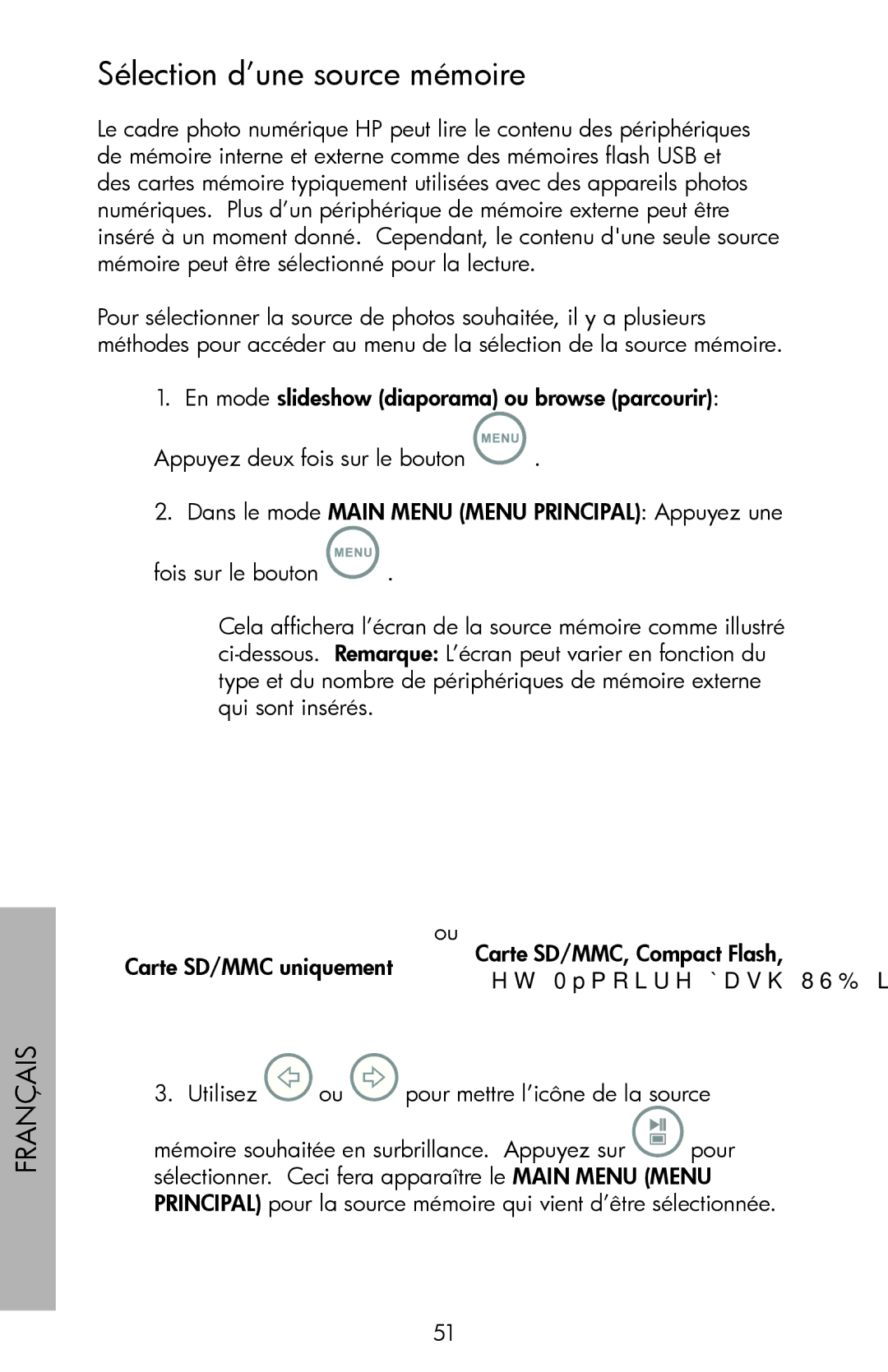 HP DF1000, DF720, DF780 manual Sélection d’une source mémoire, Utilisez ou pour mettre l’icône de la source 