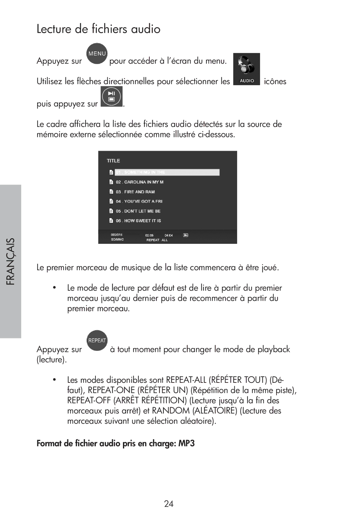 HP df750 manual Lecture de fichiers audio 