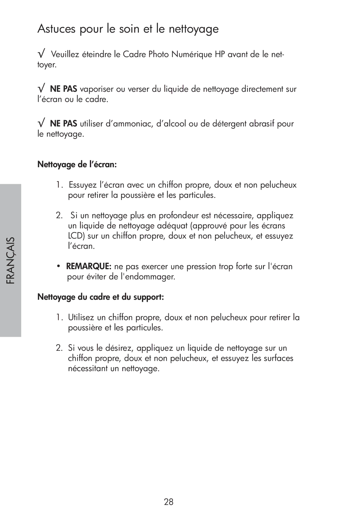 HP df750 manual Astuces pour le soin et le nettoyage 