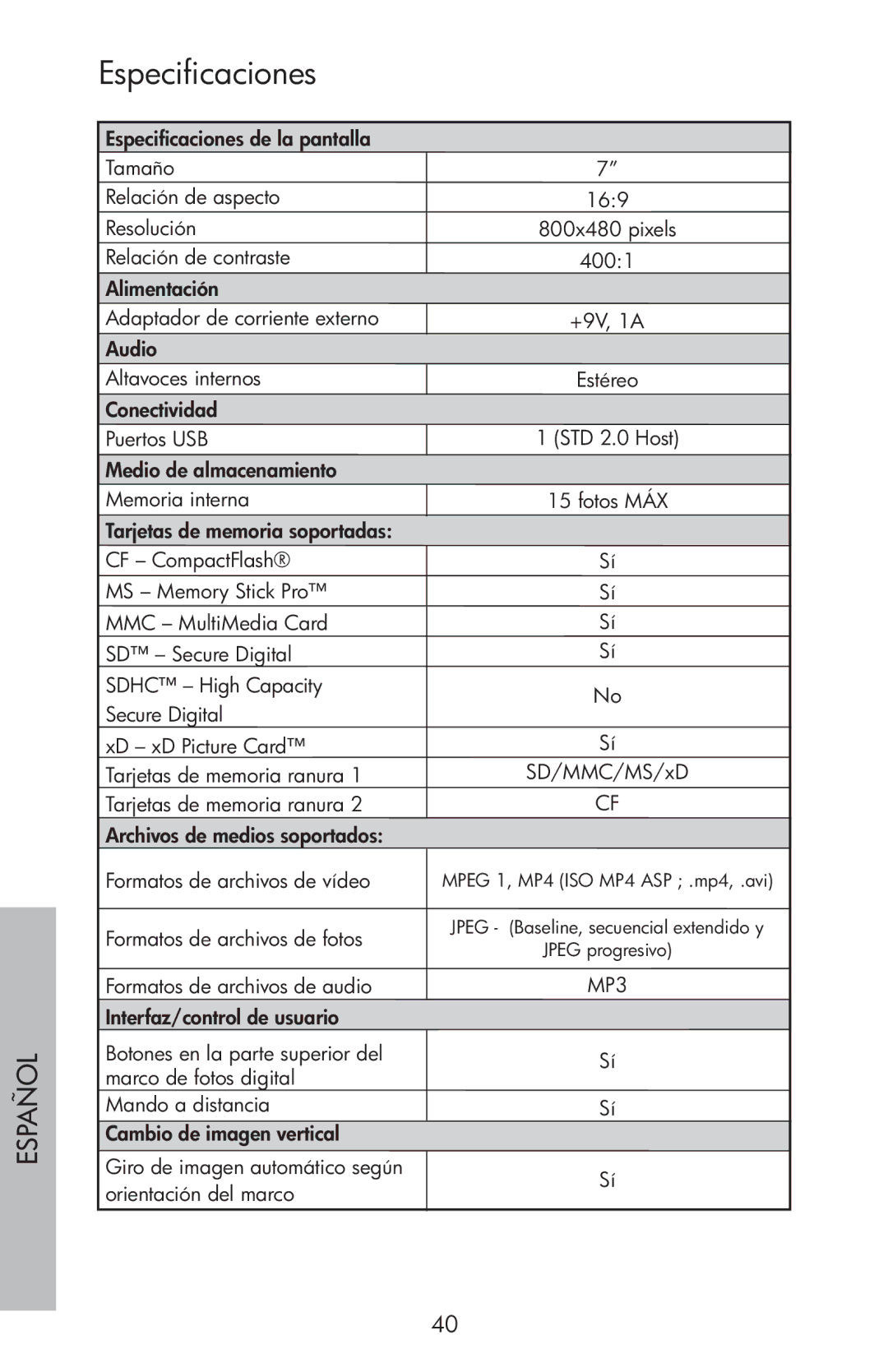 HP df750 manual Especificaciones 