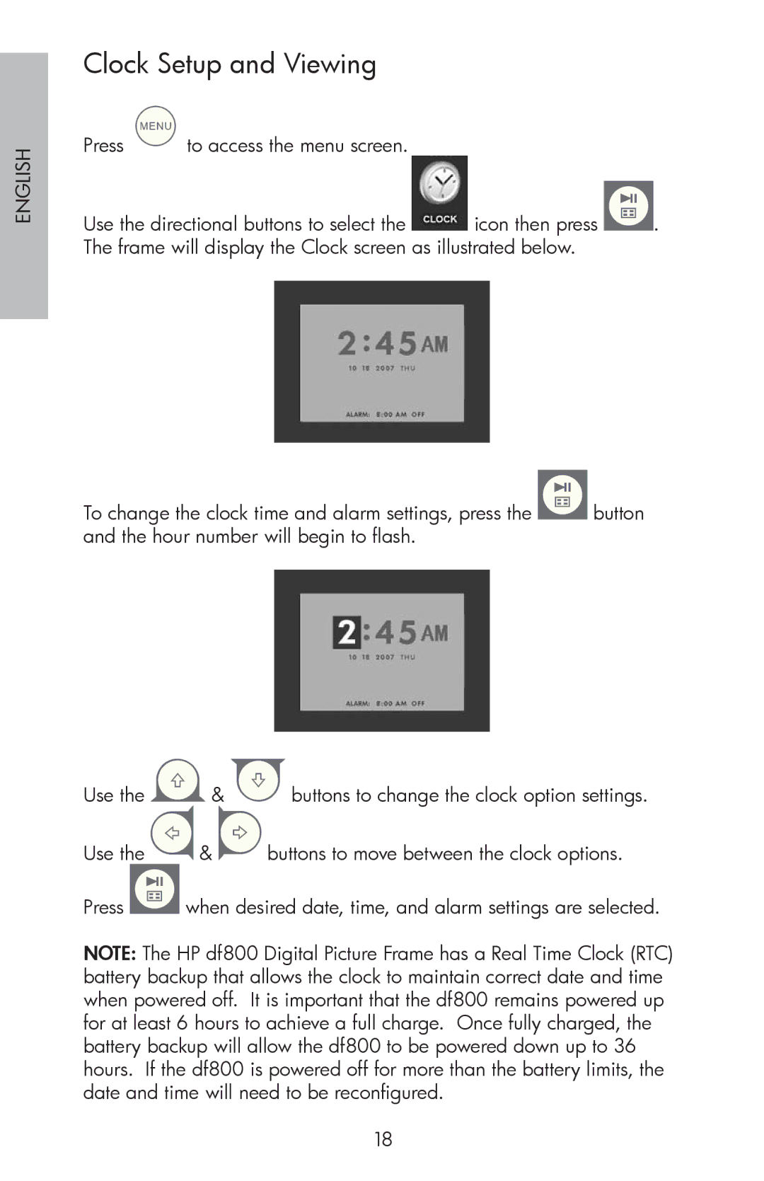 HP DF800 manual Clock Setup and Viewing 