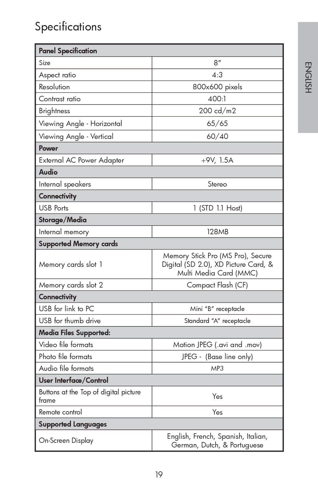 HP DF800 manual Specifications 