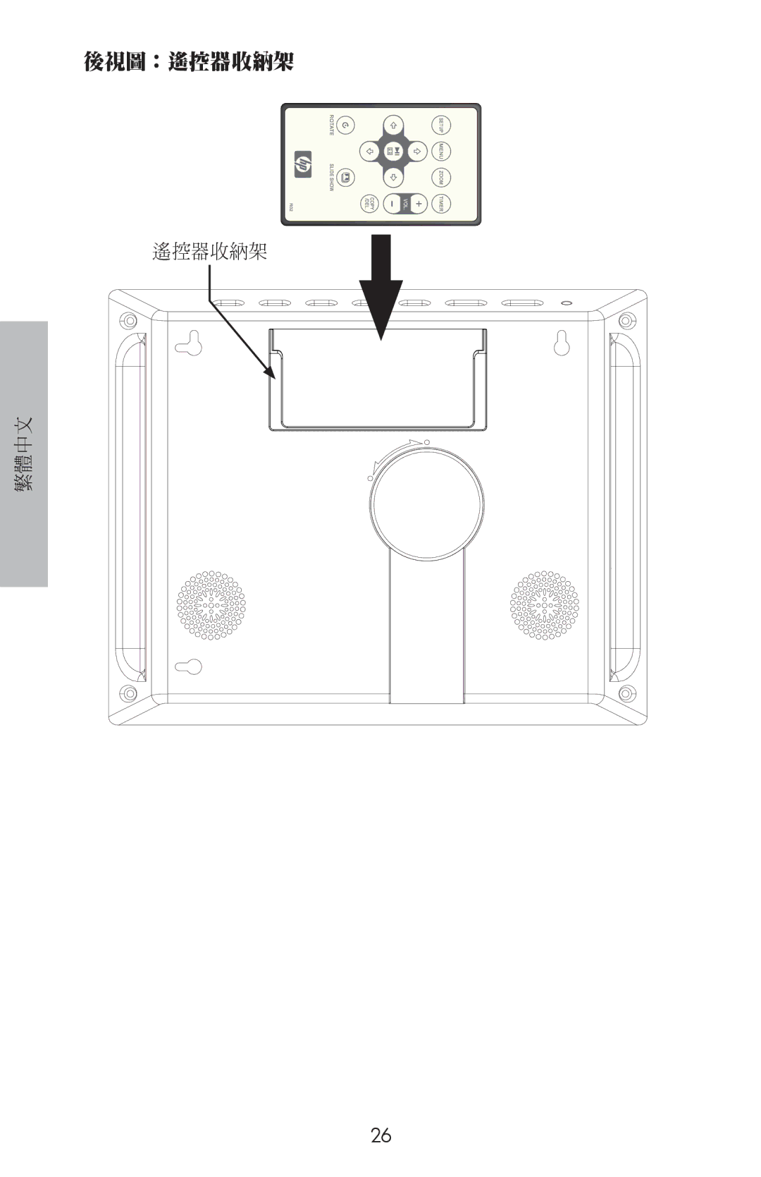 HP DF800 manual 後視圖：遙控器收納架 