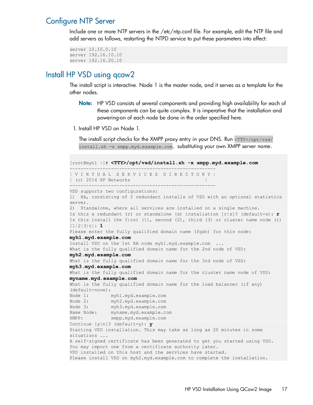 HP Distributed Cloud Networking manual Configure NTP Server, Install HP VSD using qcow2 