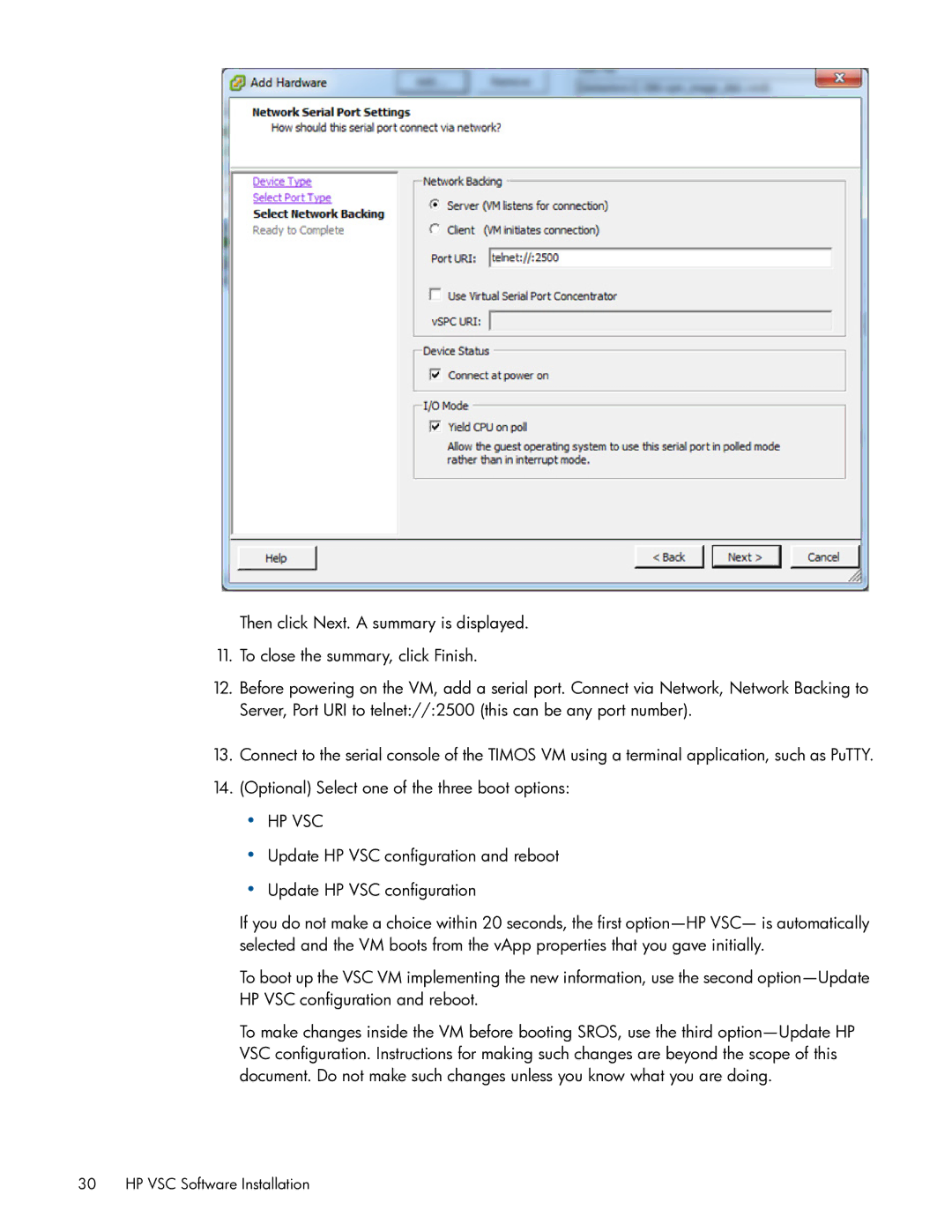 HP Distributed Cloud Networking manual Hp Vsc, Update HP VSC configuration and reboot 