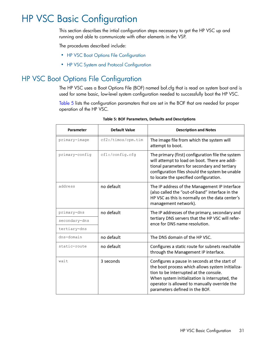 HP Distributed Cloud Networking manual HP VSC Basic Configuration, HP VSC Boot Options File Configuration 