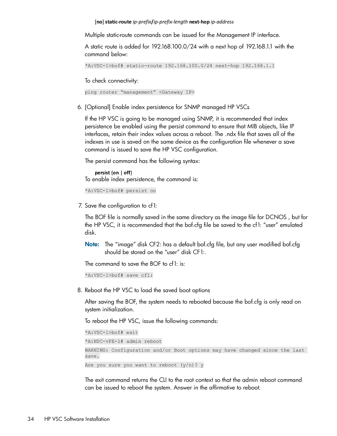 HP Distributed Cloud Networking manual To check connectivity, To enable index persistence, the command is 