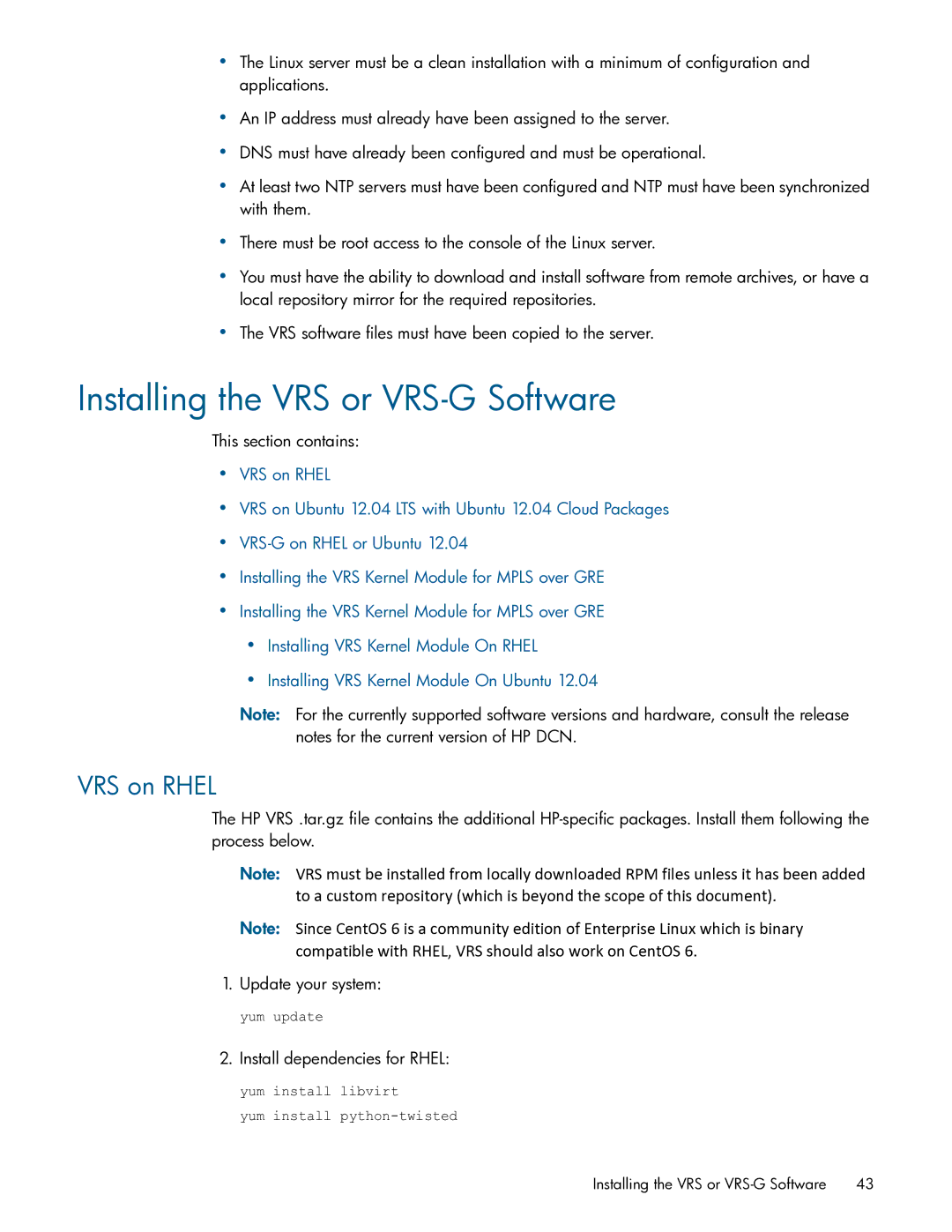 HP Distributed Cloud Networking manual Installing the VRS or VRS-G Software, VRS on Rhel, This section contains 