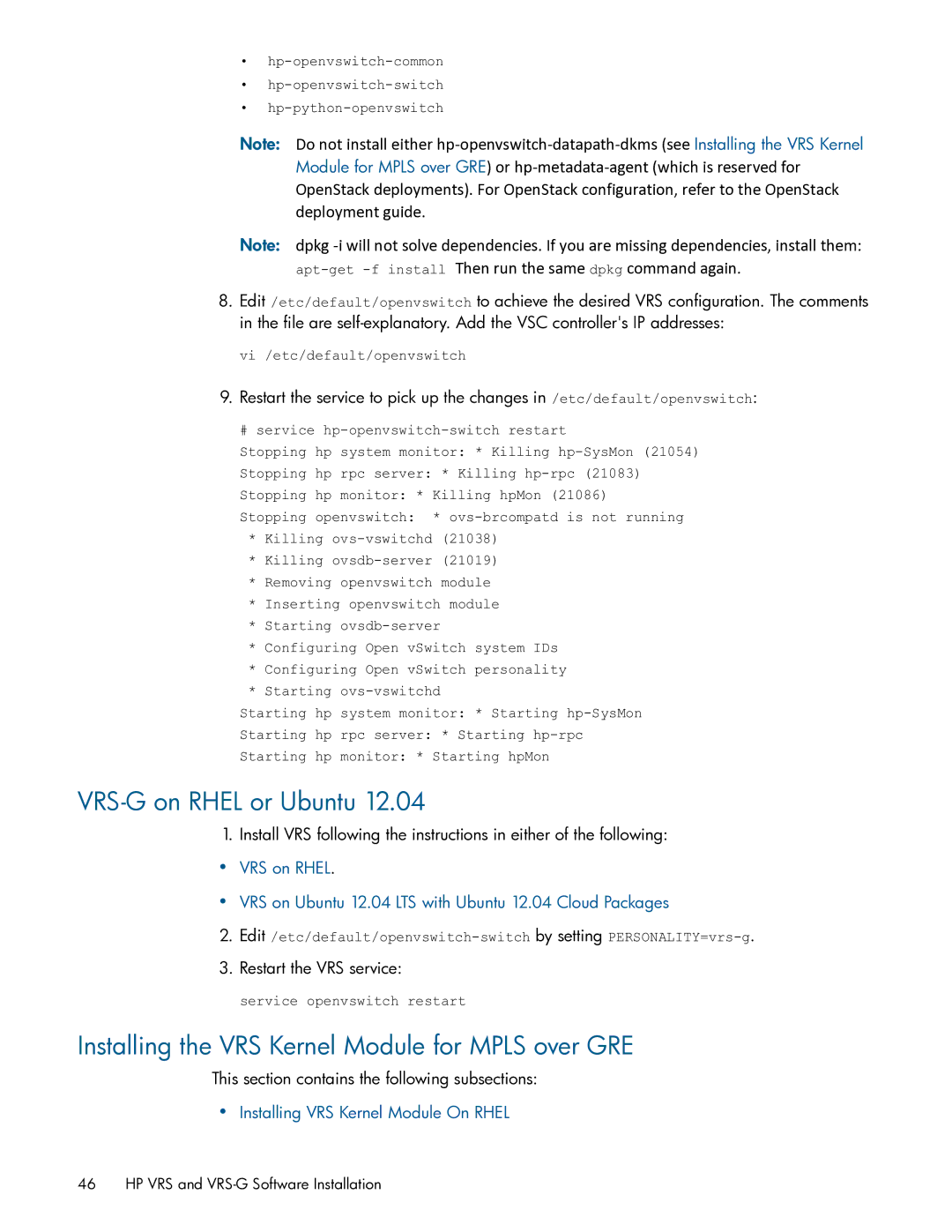 HP Distributed Cloud Networking manual VRS-G on Rhel or Ubuntu, Installing the VRS Kernel Module for Mpls over GRE 