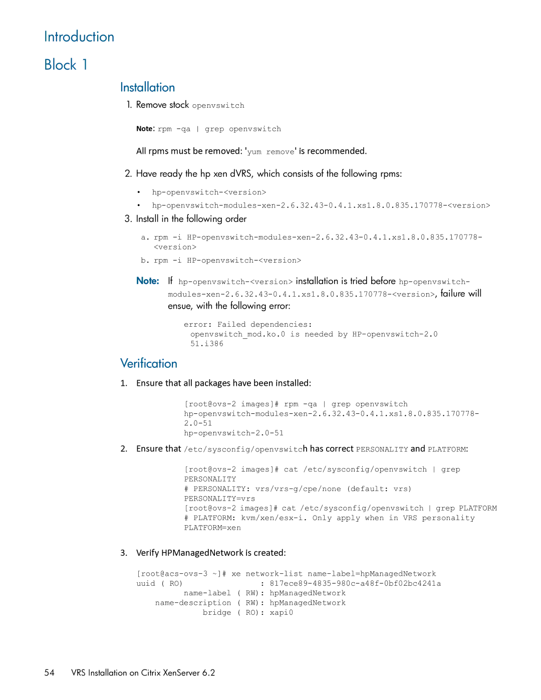 HP Distributed Cloud Networking manual Introduction Block, Remove stock openvswitch, Install in the following order 