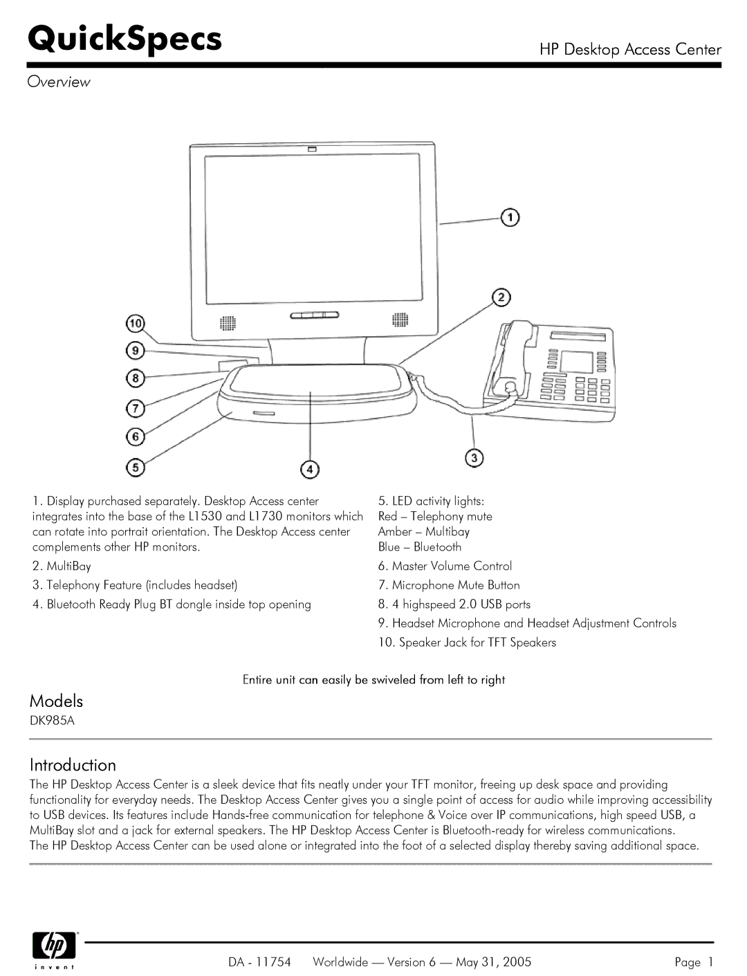 HP DK985A manual Models, Introduction, Overview, Entire unit can easily be swiveled from left to right 