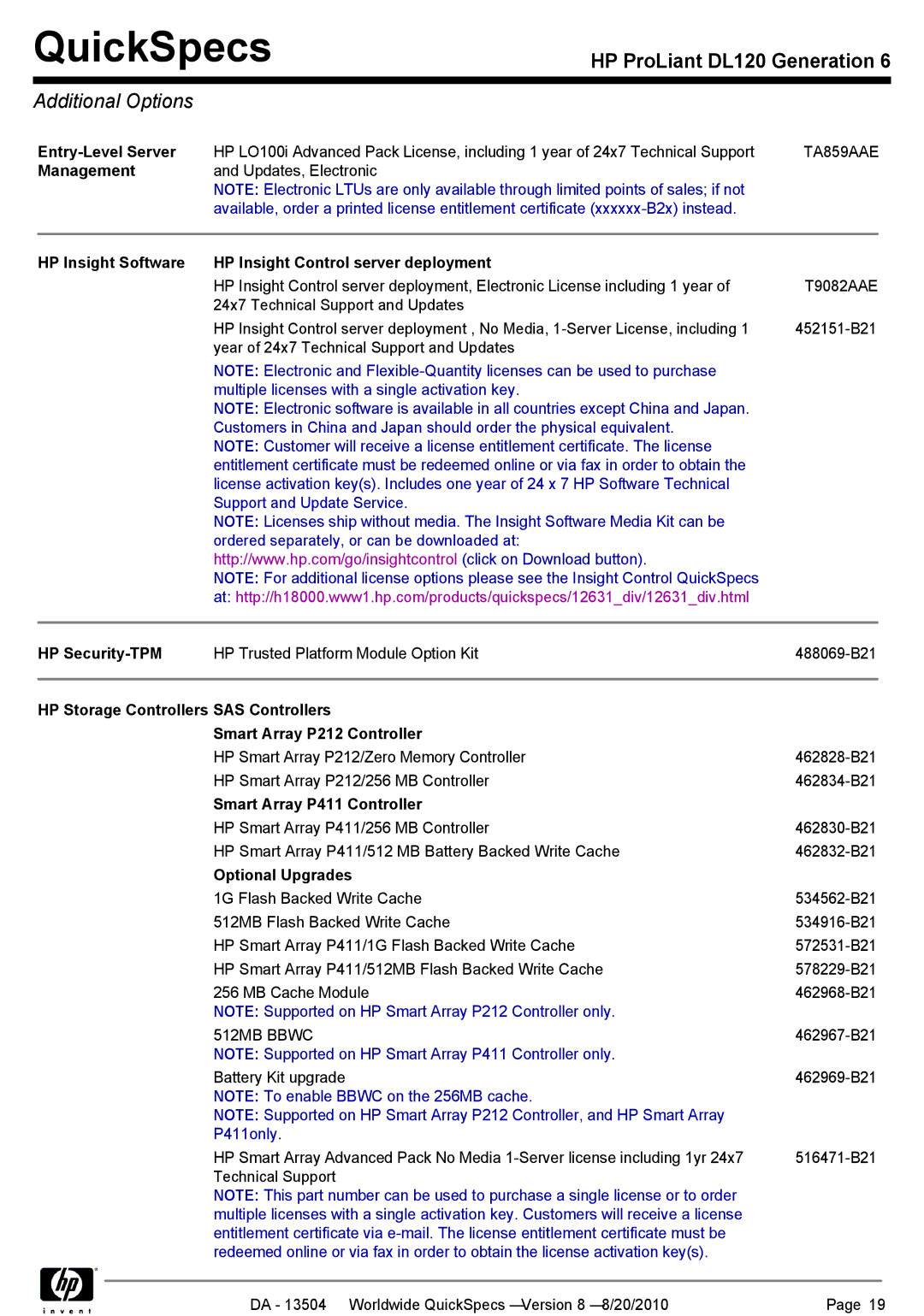 HP DL120 manual Additional Options 