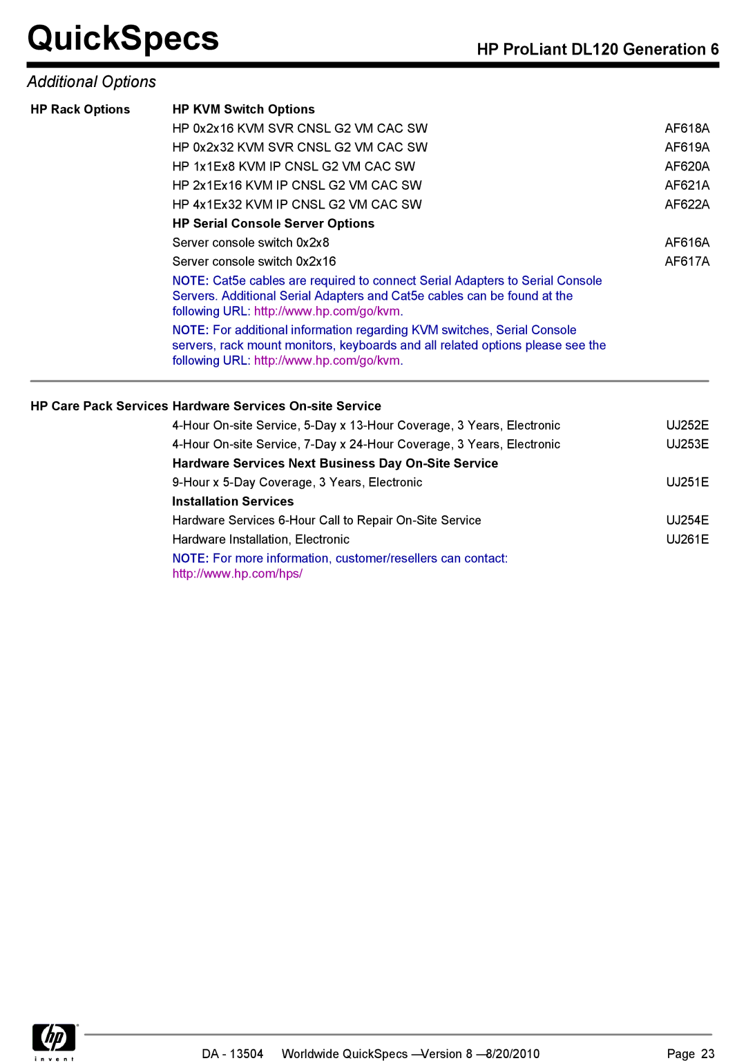 HP DL120 manual HP Rack Options HP KVM Switch Options, HP Serial Console Server Options, Installation Services 