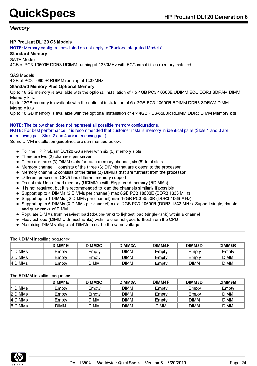 HP manual HP ProLiant DL120 G6 Models Standard Memory, Standard Memory Plus Optional Memory 