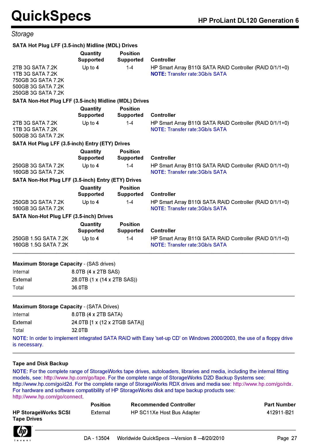 HP DL120 manual QuickSpecs 