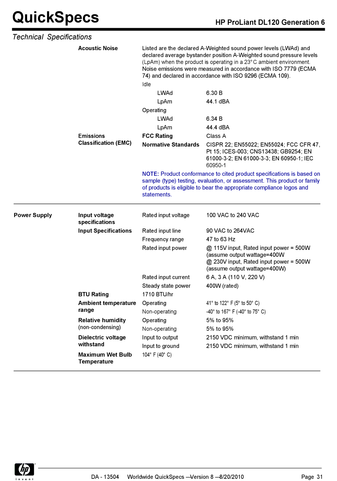 HP DL120 Acoustic Noise Emissions Classification EMC, FCC Rating, Normative Standards, Power Supply Input voltage, Range 