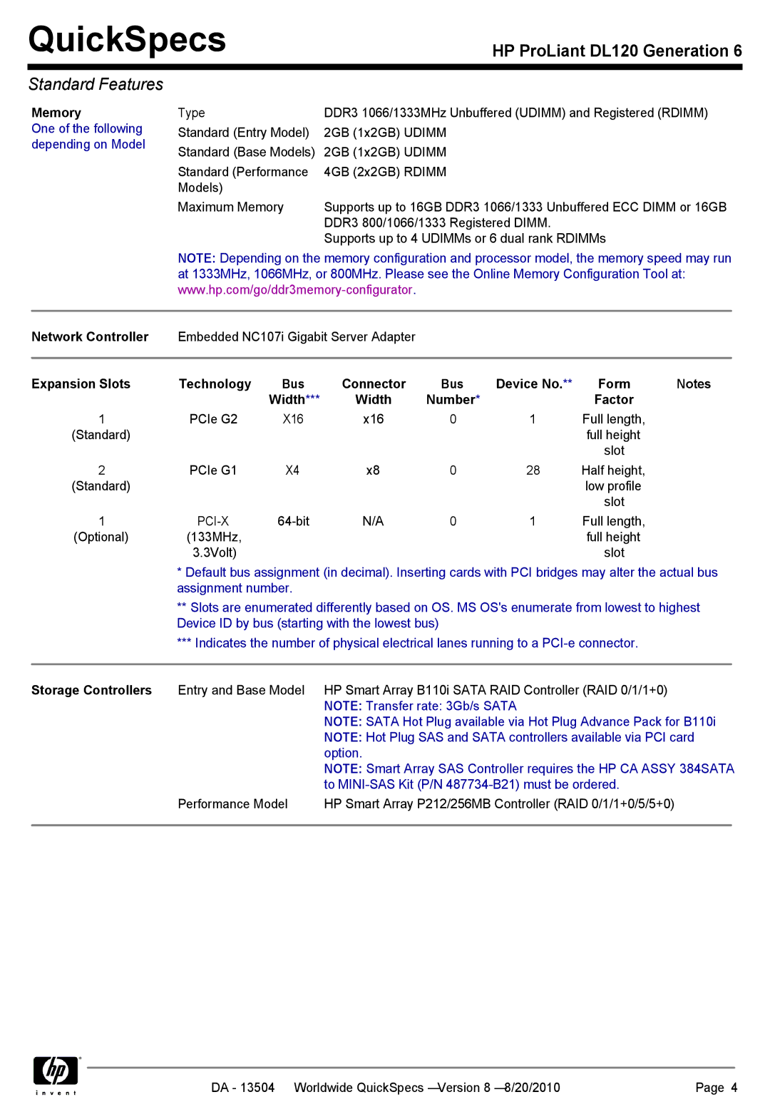 HP DL120 manual Network Controller, Pci-X 