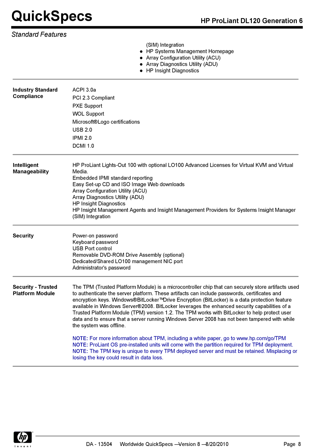 HP DL120 manual Industry Standard, Compliance, Intelligent, Security Trusted, Platform Module 