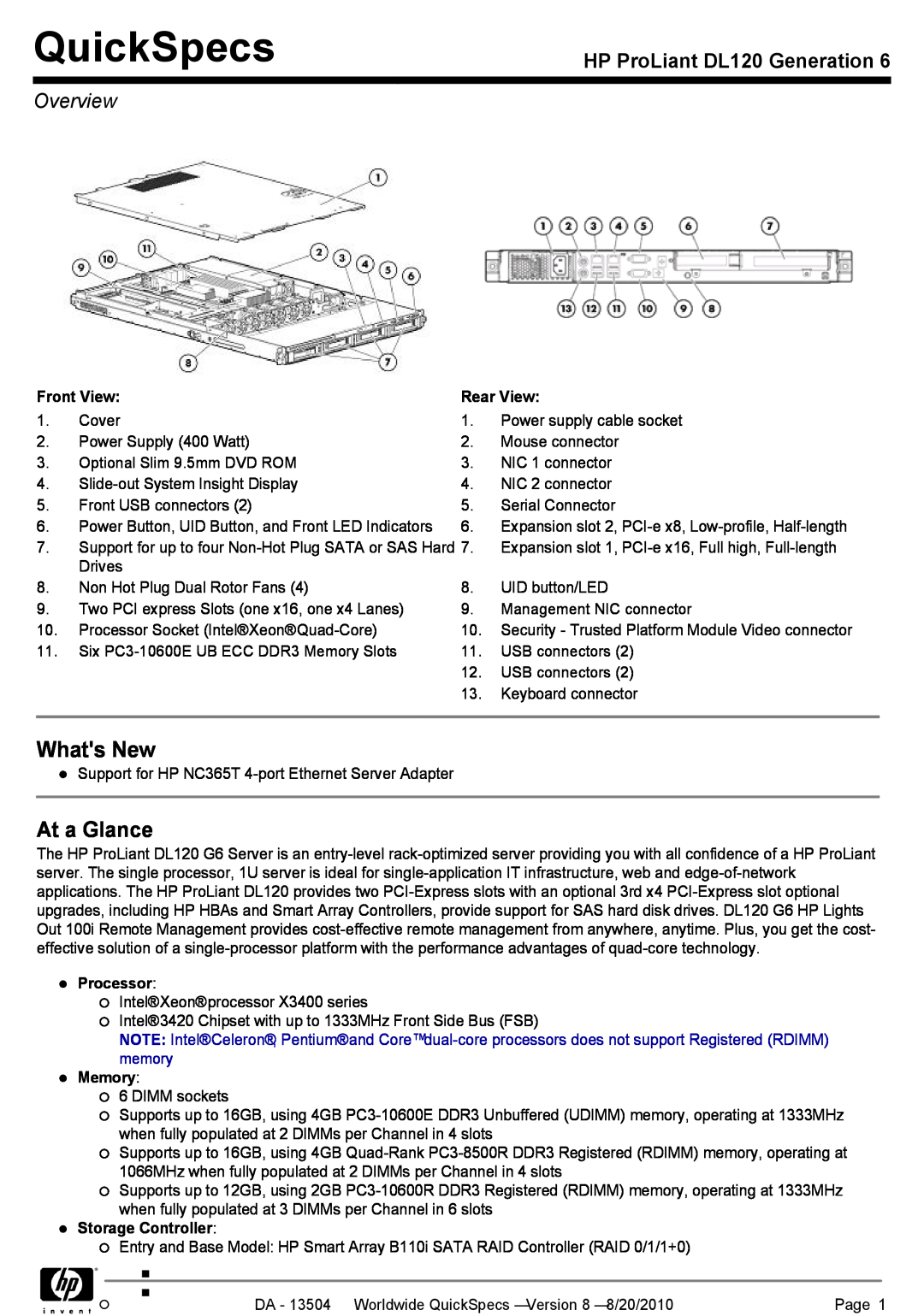 HP manual QuickSpecs, Whats New, At a Glance, HP ProLiant DL120 Generation, Overview 