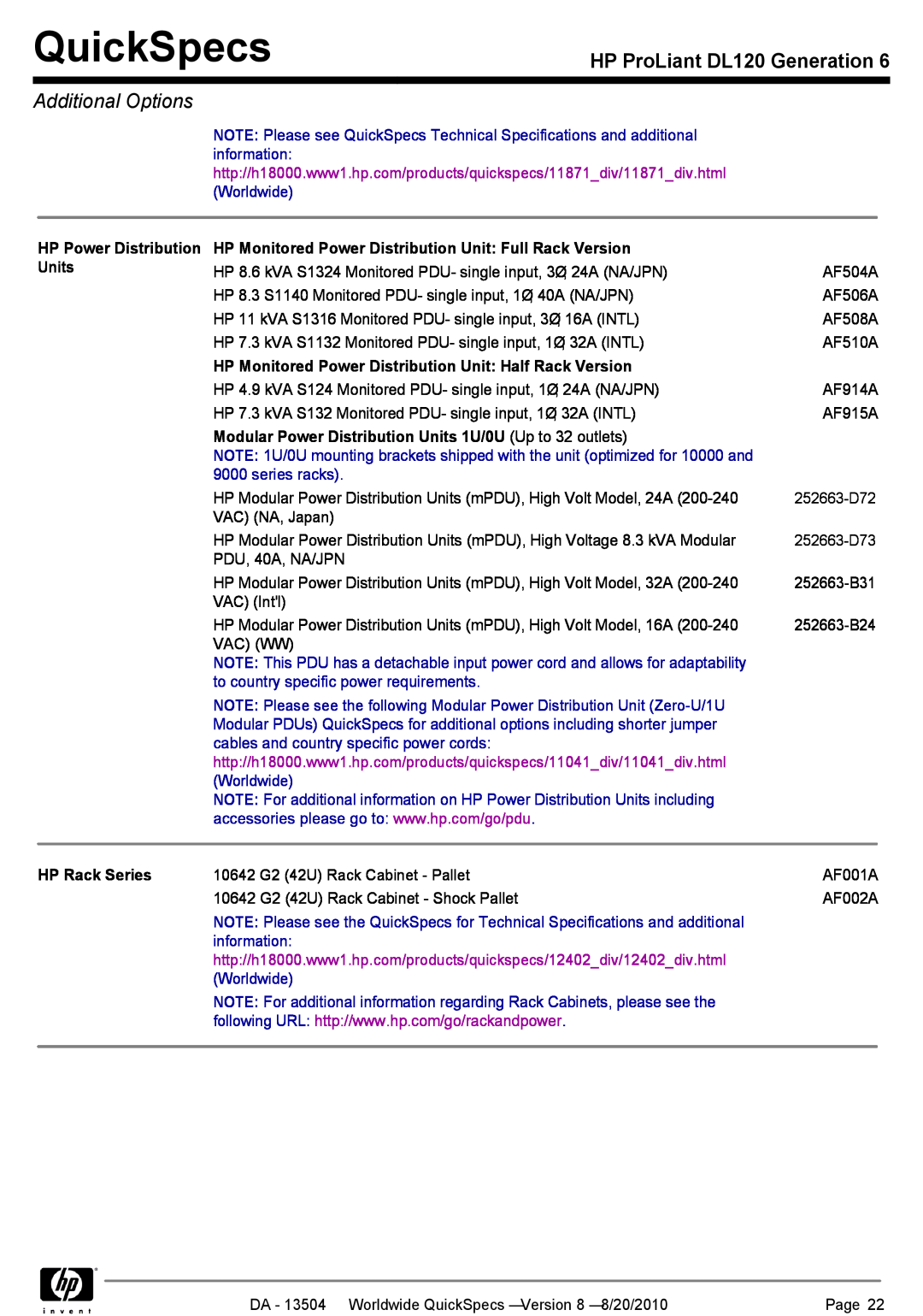 HP manual QuickSpecs, HP ProLiant DL120 Generation, Additional Options 