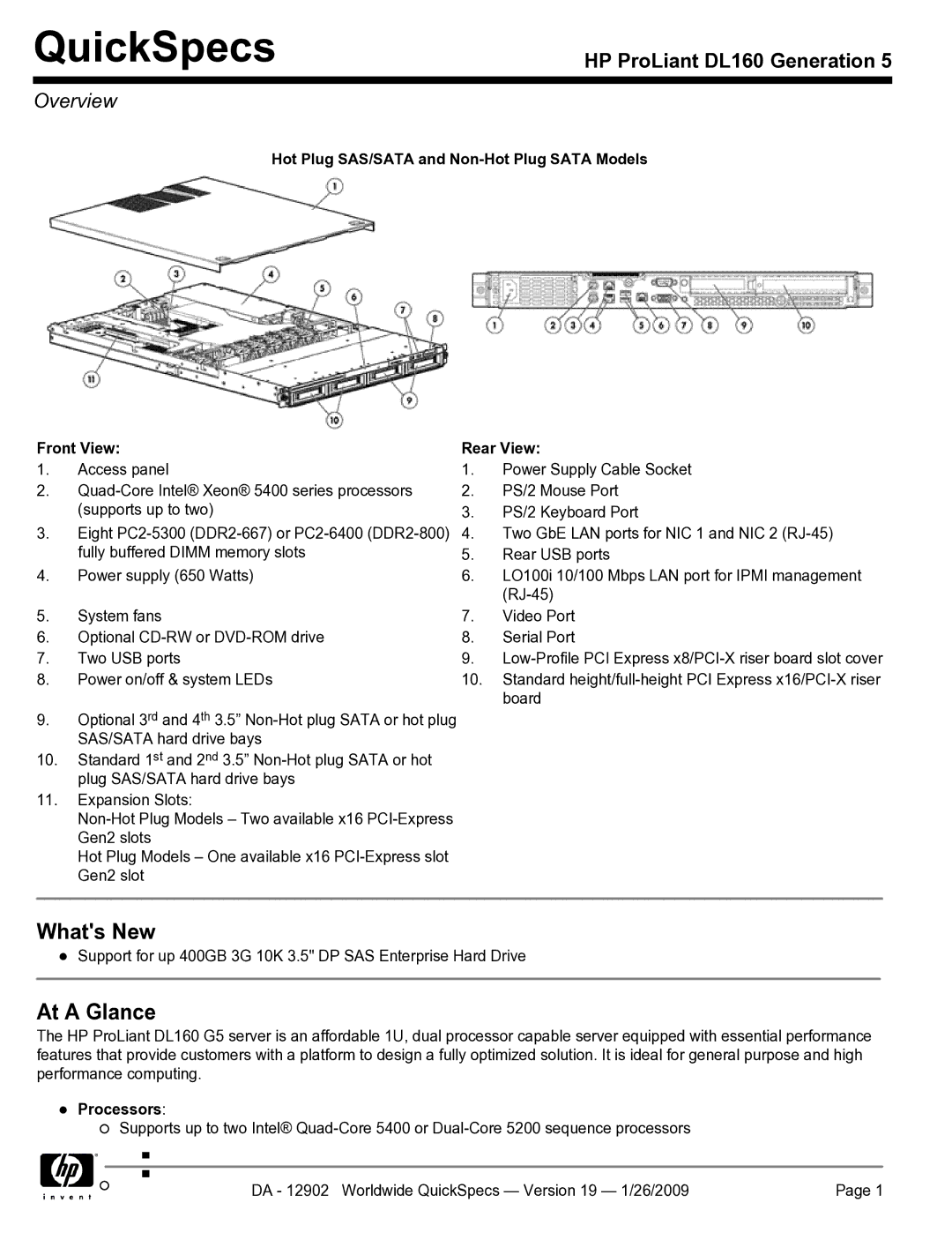 HP DL160 manual Overview, Hot Plug SAS/SATA and Non-Hot Plug Sata Models Front View, Rear View, Processors 