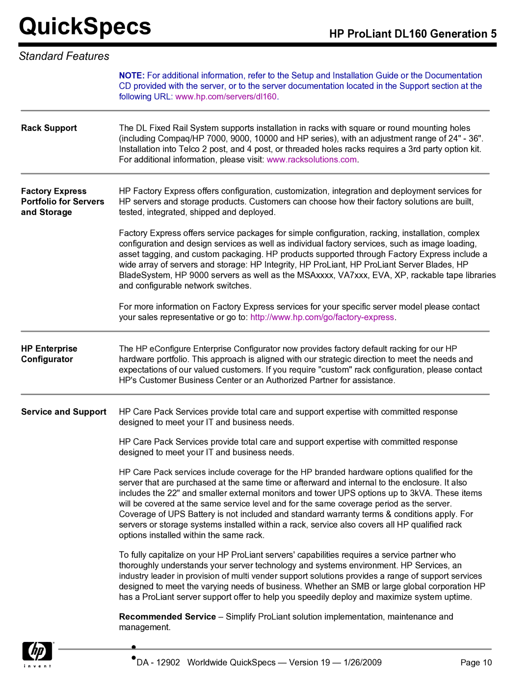 HP DL160 manual Rack Support, Factory Express, Portfolio for Servers, HP Enterprise, Configurator, Service and Support 