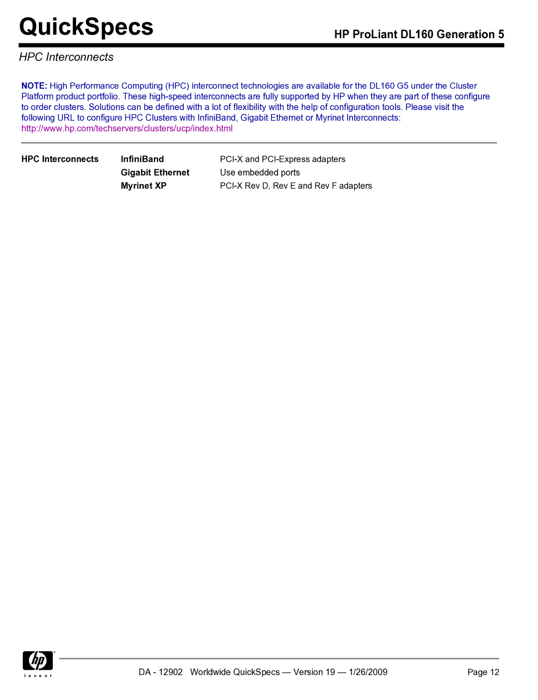 HP DL160 manual HPC Interconnects InfiniBand, Gigabit Ethernet, Myrinet XP 