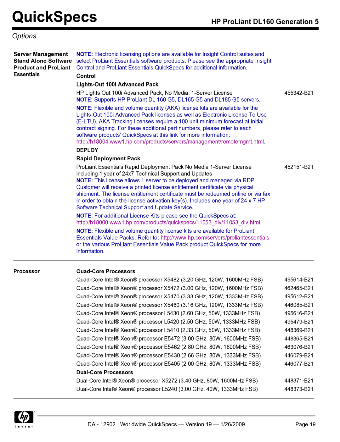 HP DL160 manual Options, Server Management Stand Alone Software, Essentials Control Lights-Out 100i Advanced Pack 