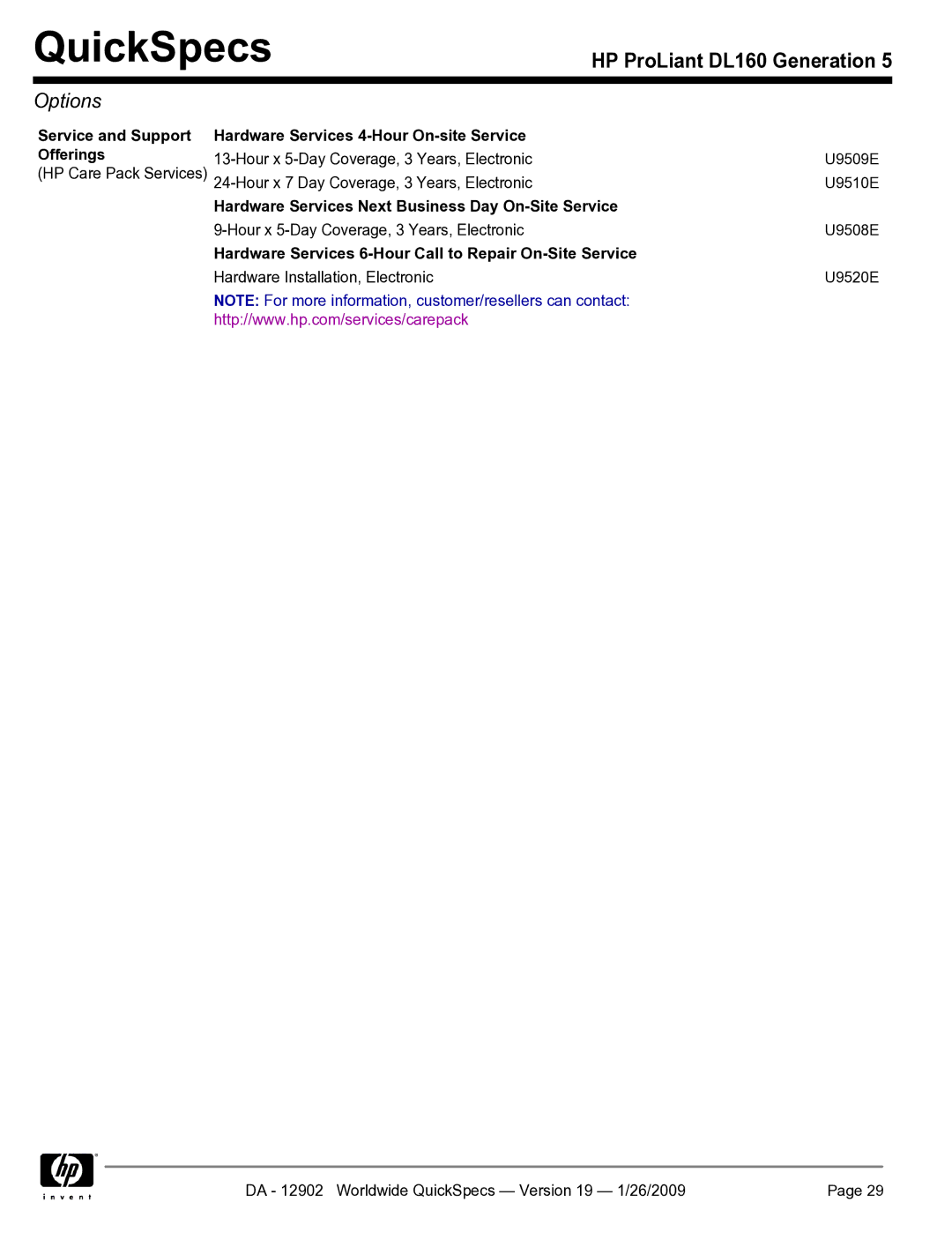 HP DL160 Hardware Services Next Business Day On-Site Service, Hardware Services 6-Hour Call to Repair On-Site Service 