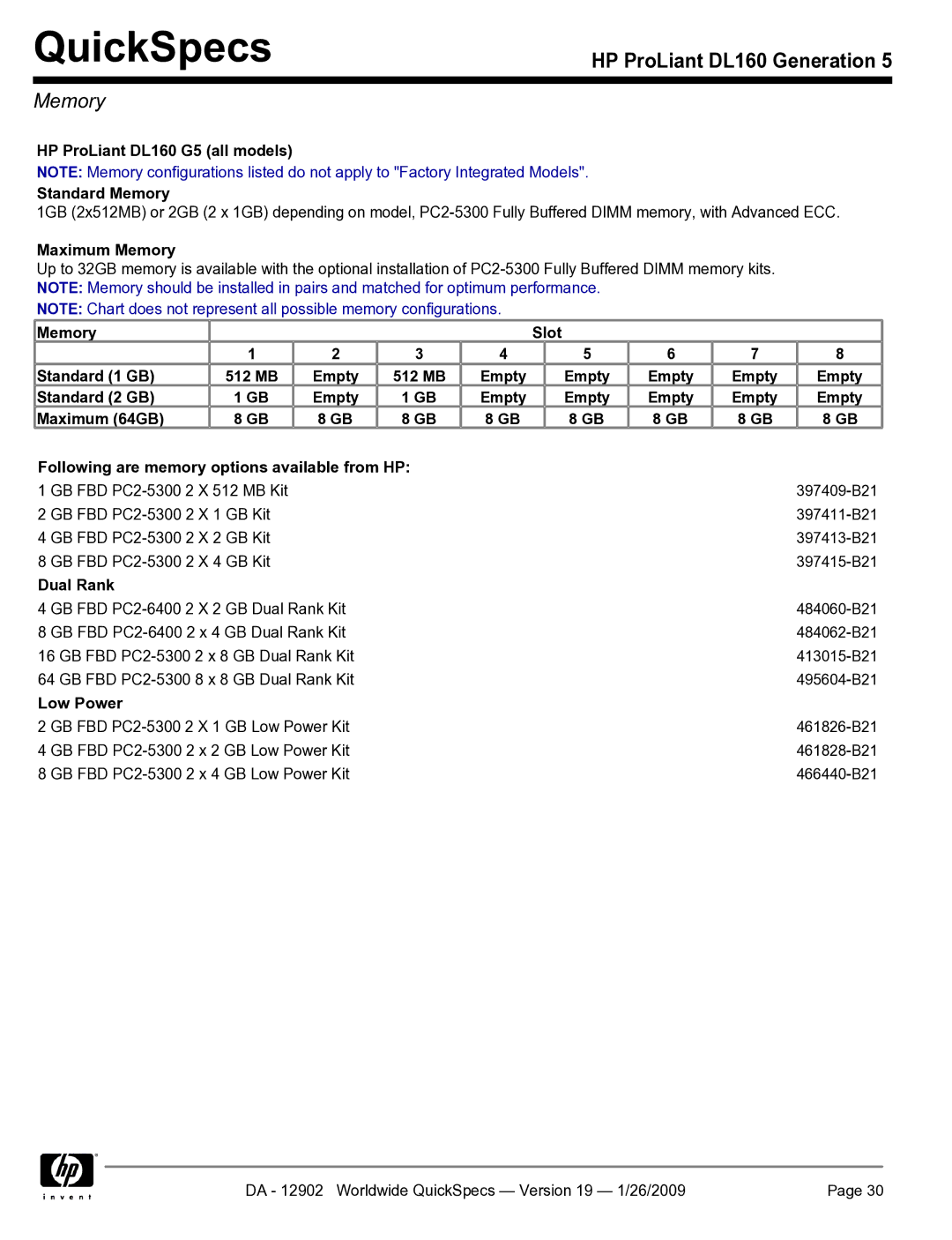 HP manual HP ProLiant DL160 G5 all models Standard Memory, Maximum Memory 