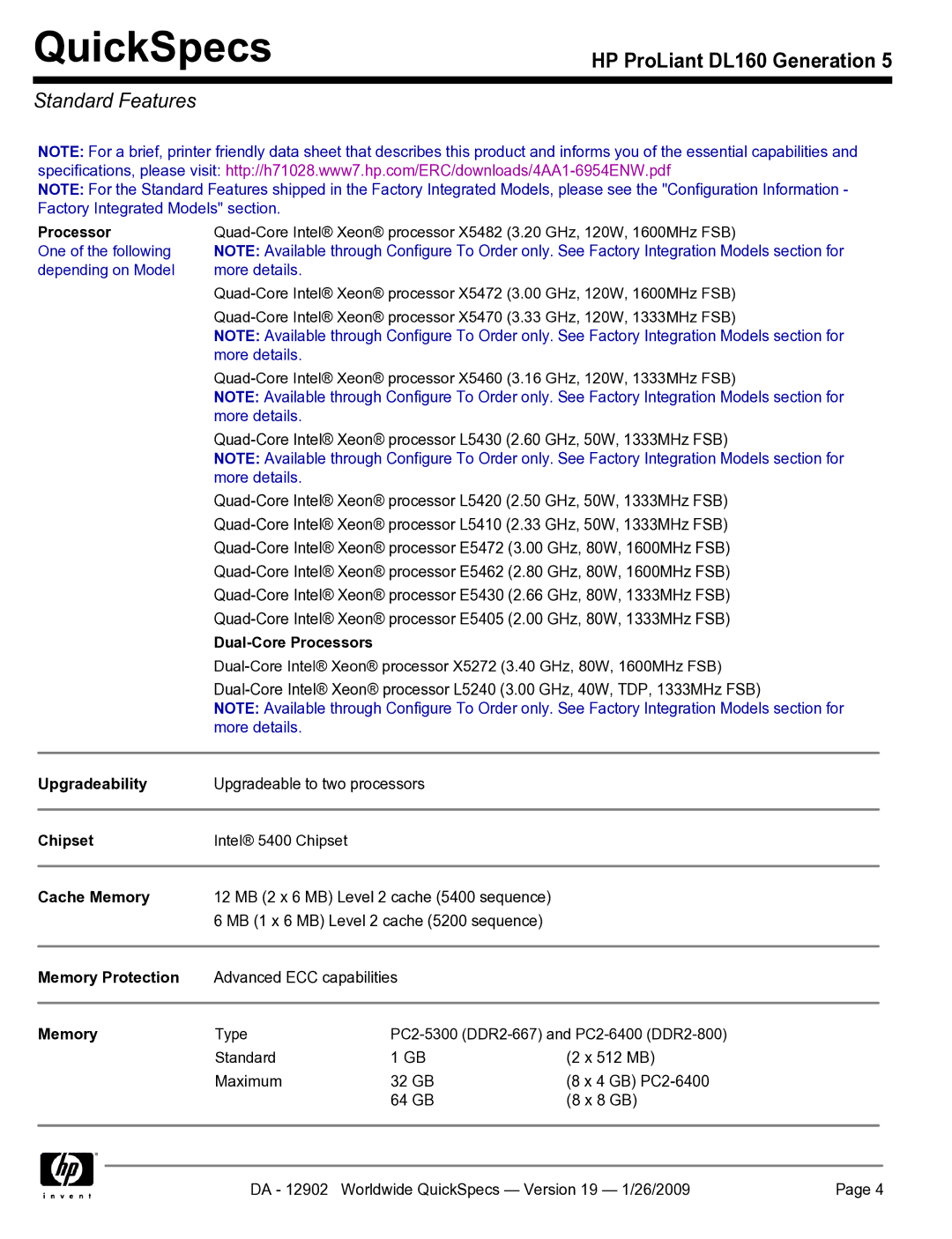 HP DL160 manual Standard Features 