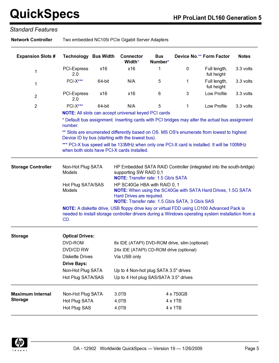 HP DL160 manual Storage Controller, Storage Optical Drives, Drive Bays, Maximum Internal 
