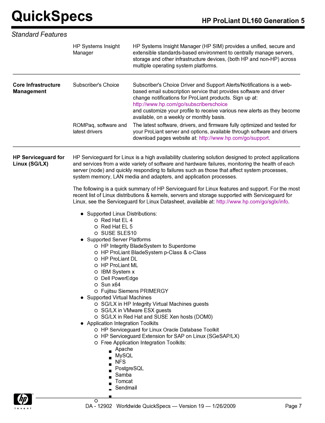 HP DL160 manual Core Infrastructure, Management, Linux SG/LX 