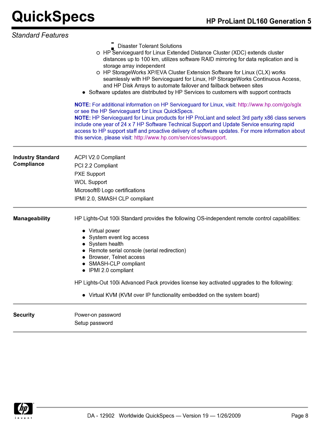 HP DL160 manual Industry Standard, Compliance, Manageability, Security 