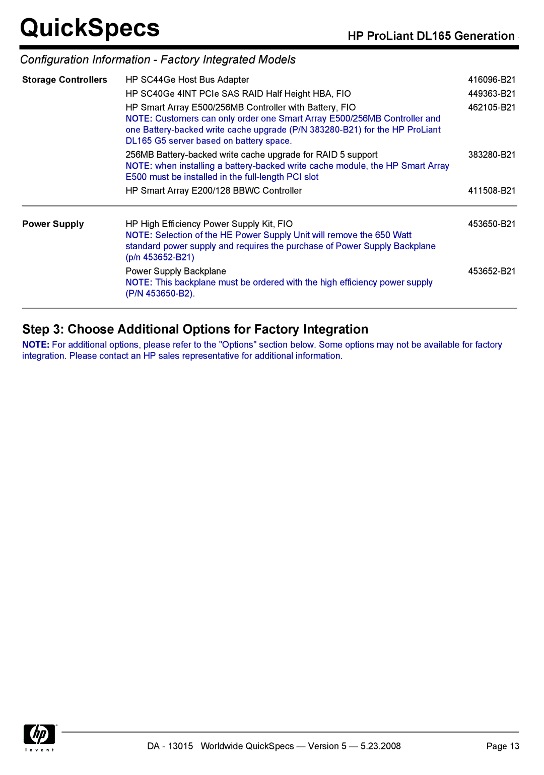 HP DL165 manual Choose Additional Options for Factory Integration, Storage Controllers, Power Supply 