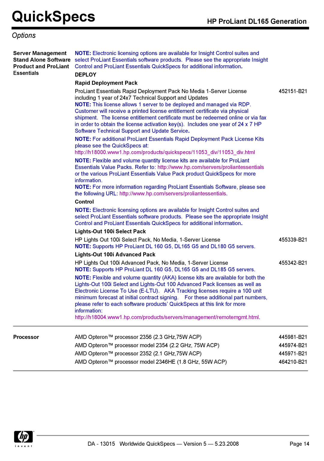 HP DL165 manual Options 