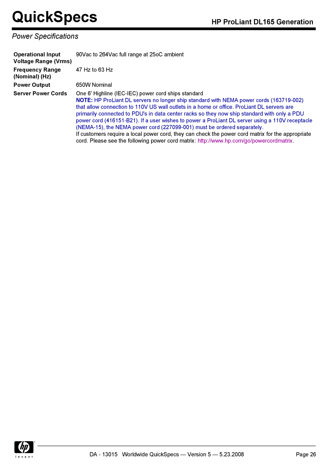 HP DL165 manual Power Specifications, Voltage Range Vrms, Frequency Range, Nominal Hz Power Output, Server Power Cords 