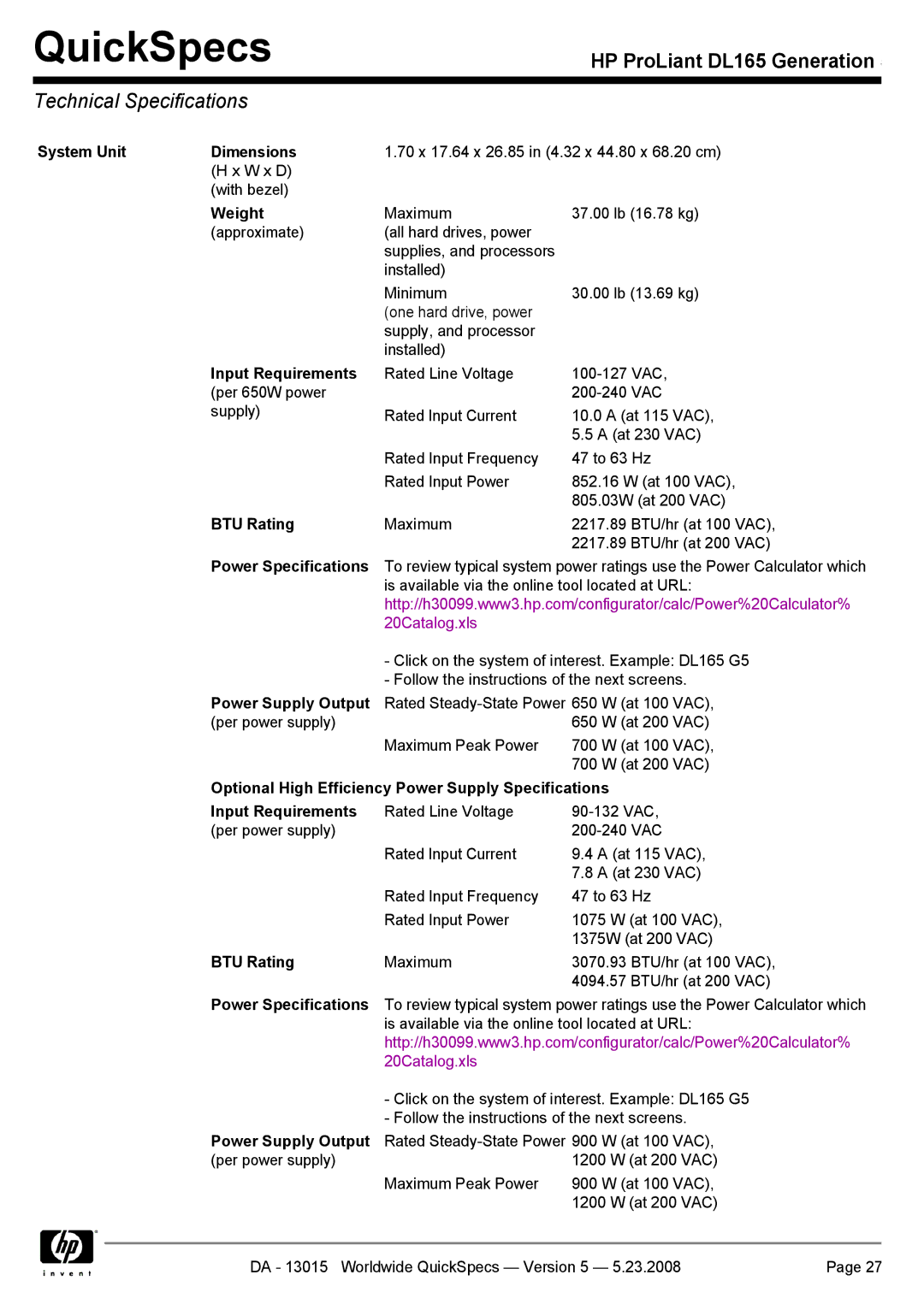 HP DL165 manual Technical Specifications 