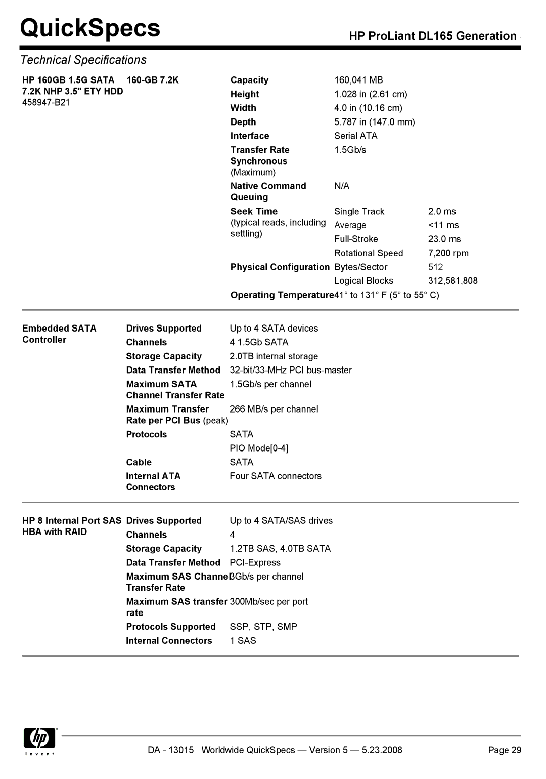 HP DL165 Physical Configuration Bytes/Sector, Embedded Sata Controller Drives Supported, Channels, Storage Capacity, Cable 