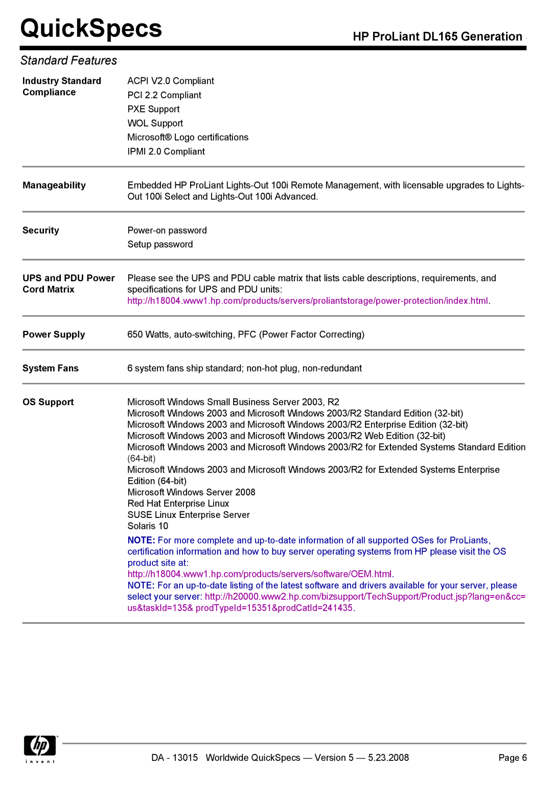 HP DL165 Industry Standard, Compliance, Manageability, Security, UPS and PDU Power, Cord Matrix, System Fans, OS Support 