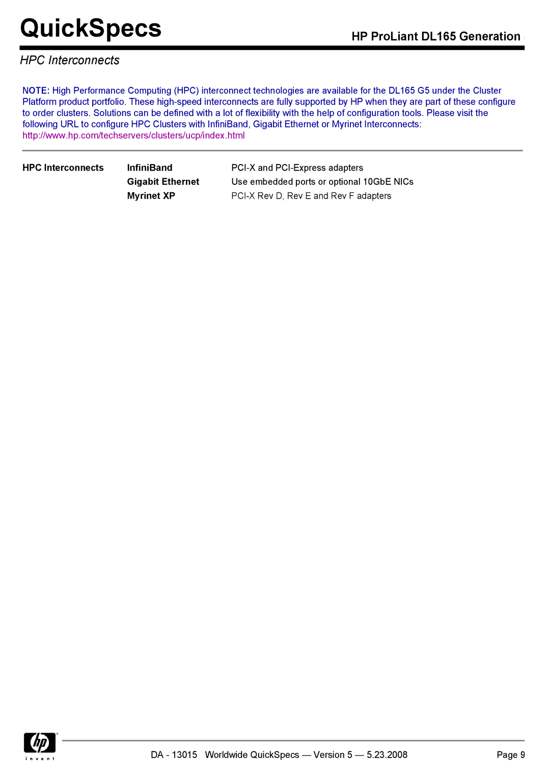 HP DL165 manual HPC Interconnects InfiniBand, Gigabit Ethernet, Myrinet XP 