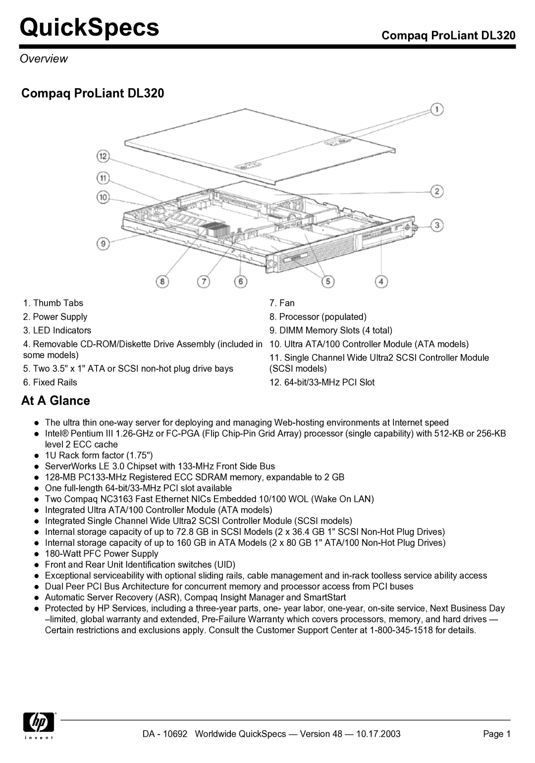 HP DL320 manual QuickSpecs 