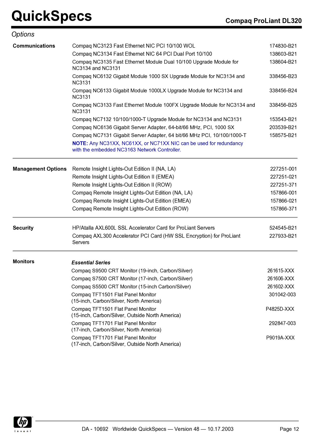 HP DL320 manual Communications, With the embedded NC3163 Network Controller, Management Options, Monitors, Essential Series 