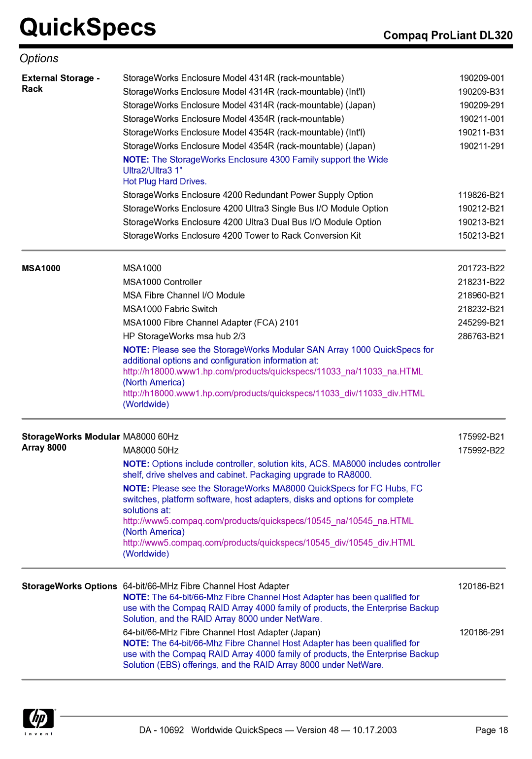 HP DL320 manual External Storage Rack, Ultra2/Ultra3 Hot Plug Hard Drives, MSA1000, StorageWorks Modular MA8000 60Hz, Array 