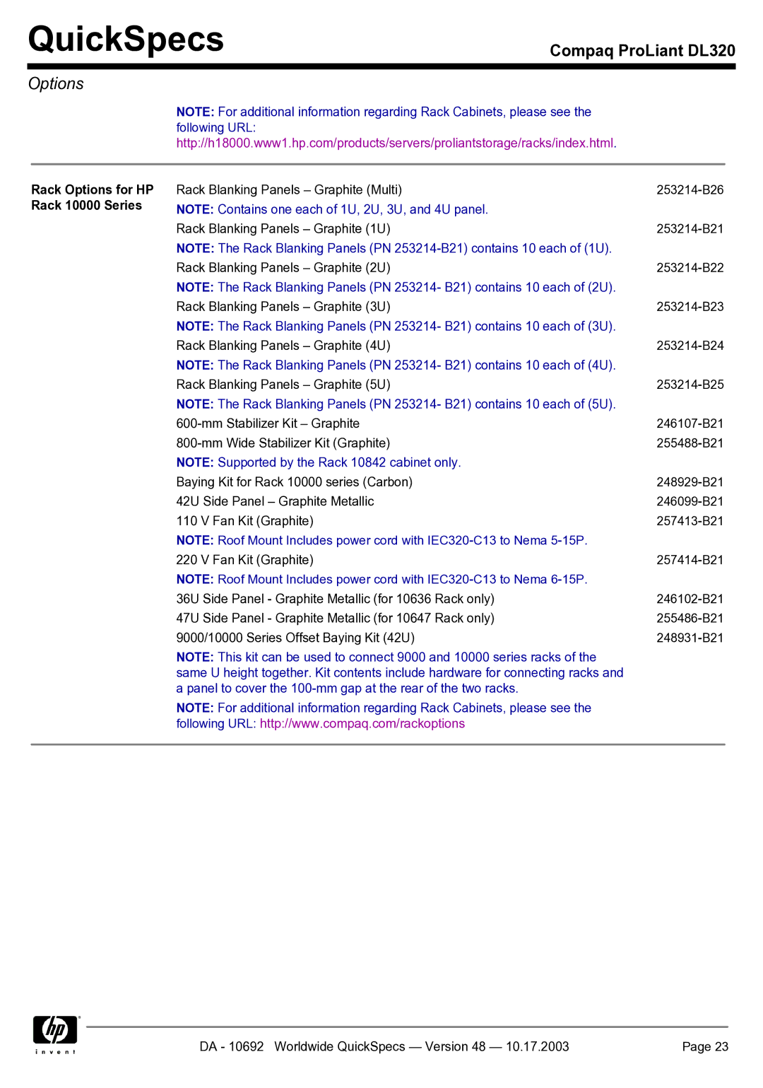 HP DL320 manual Rack Options for HP Rack 10000 Series 